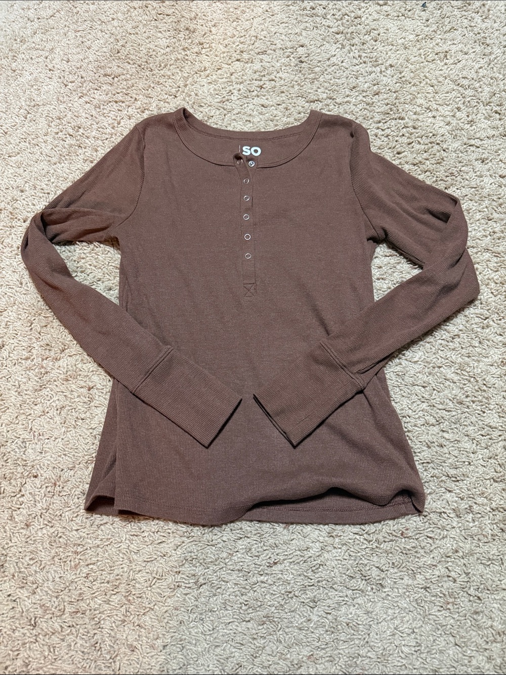SO Women’s Long Sleeve Brown Henley Shirt